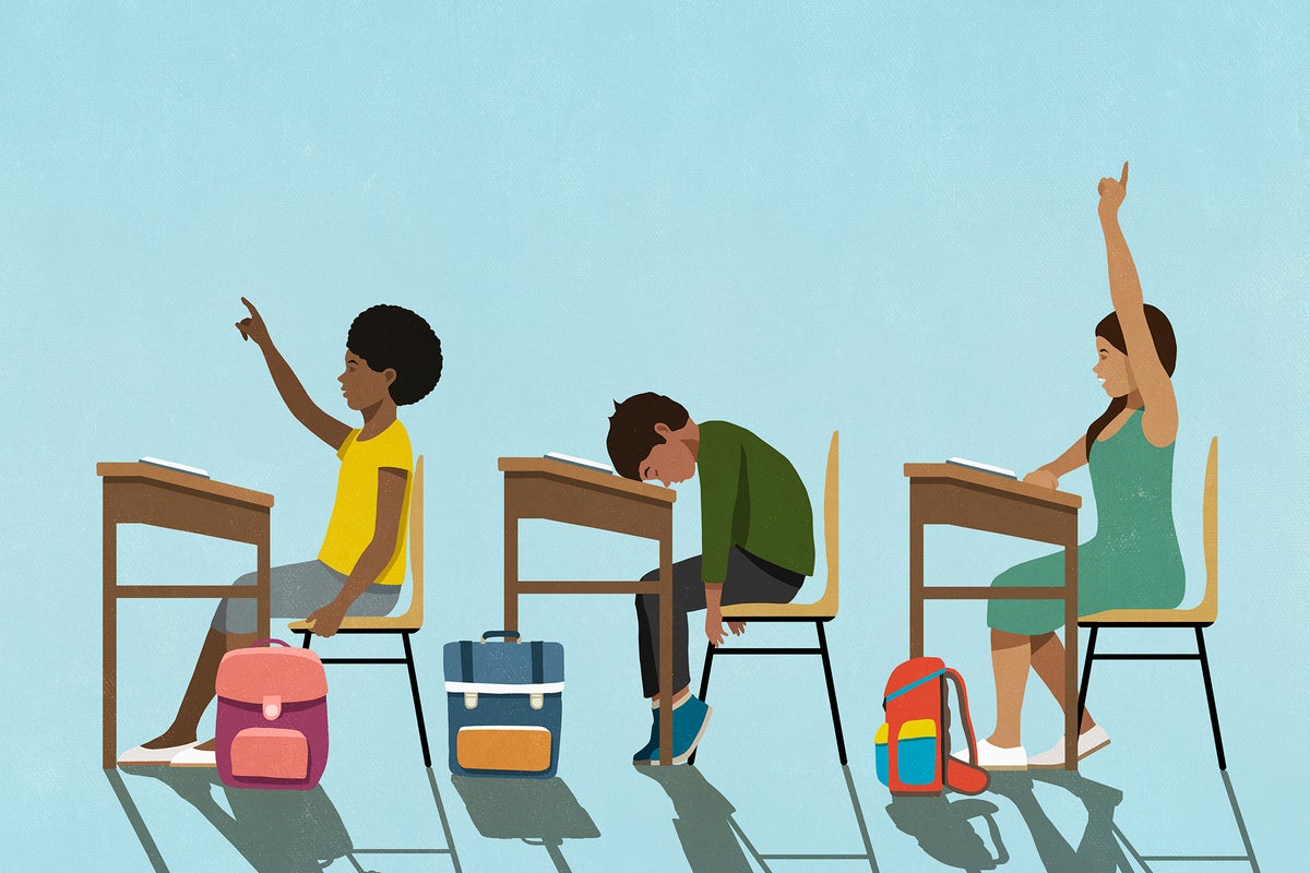 Illustration, three students in profile sitting at school desks. Children at left and right of frame are confident and raising their hands, child in the middle has head down on desk