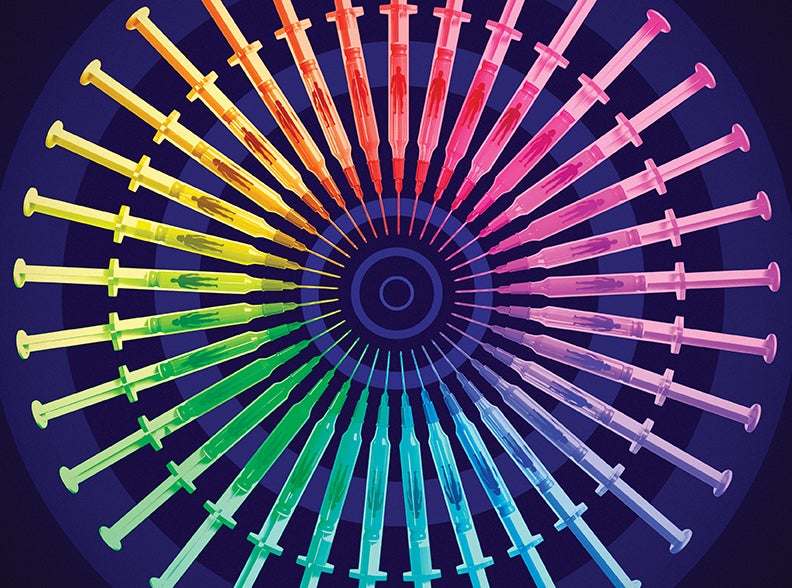 Illustration of a row of human figures (minimialist in style—just outlines, even stick figures), each in a different rainbow color, with a row of vaccines (eg needle plus vial) above the row of humans.
