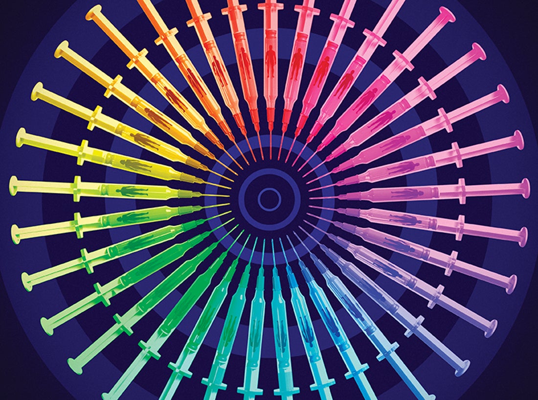 Illustration of a row of human figures (minimialist in style—just outlines, even stick figures), each in a different rainbow color, with a row of vaccines (eg needle plus vial) above the row of humans.