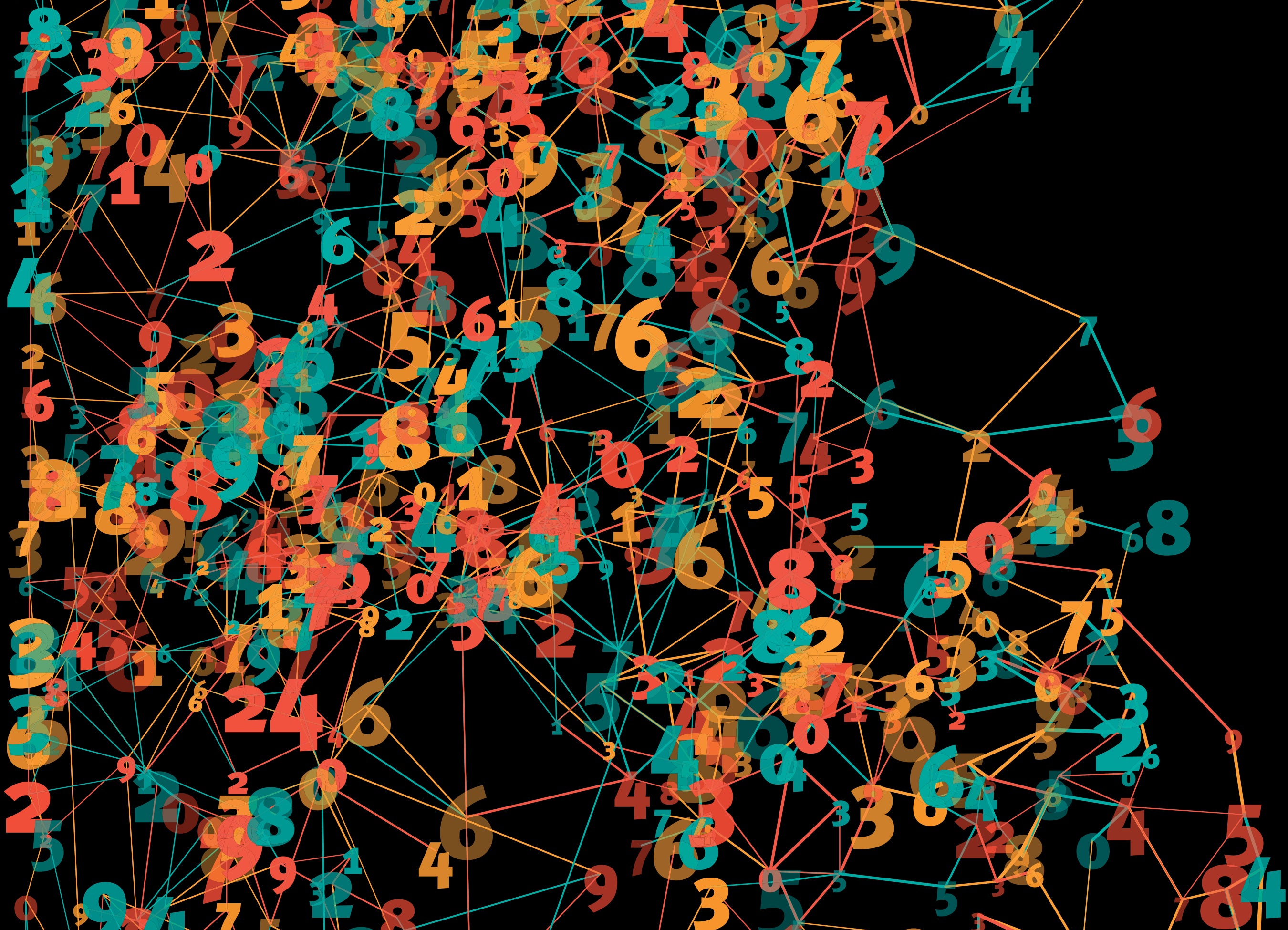 Orange, turquise and red numbers with connector lines on black background.Numbers Vector Pattern.
