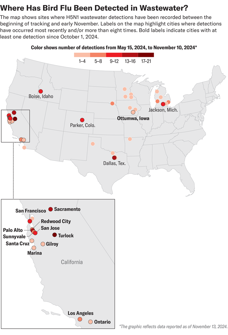 Cropped section of a U.S. map highlights about a dozen cities in California with labels and dots colored in various shades of red.