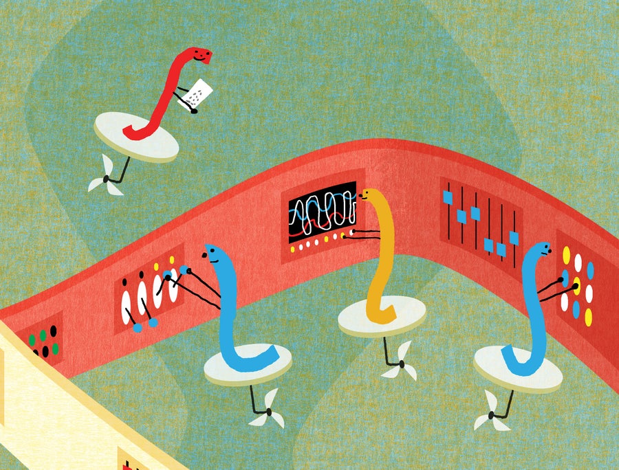 Illustration of active RNA molecules behind machines