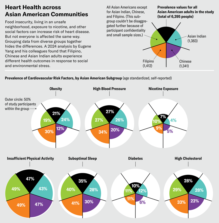 Grouping data from diverse groups together hides the differences. Charts show differences that emerge when you disaggregate the umbrella "Asian American" category. Asian Indian adults reported the highest prevalence of diabetes. Filipino adults reported the highest prevalence of cardiovascular risk factors, suboptimal sleep, high cholesterol and obesity.