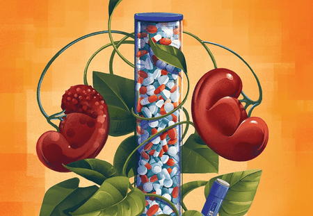 Full page illustration of a houseplant with a support made up of pills.