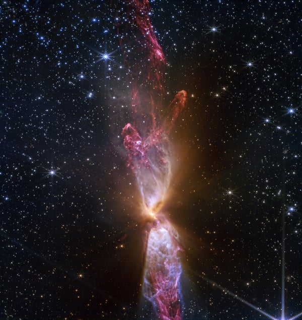 A colorful image from the James Webb Space Telescope of Lynds 483, a system of two protostars spitting out whorls and tendrils of gas and dust in two sprawling lobes