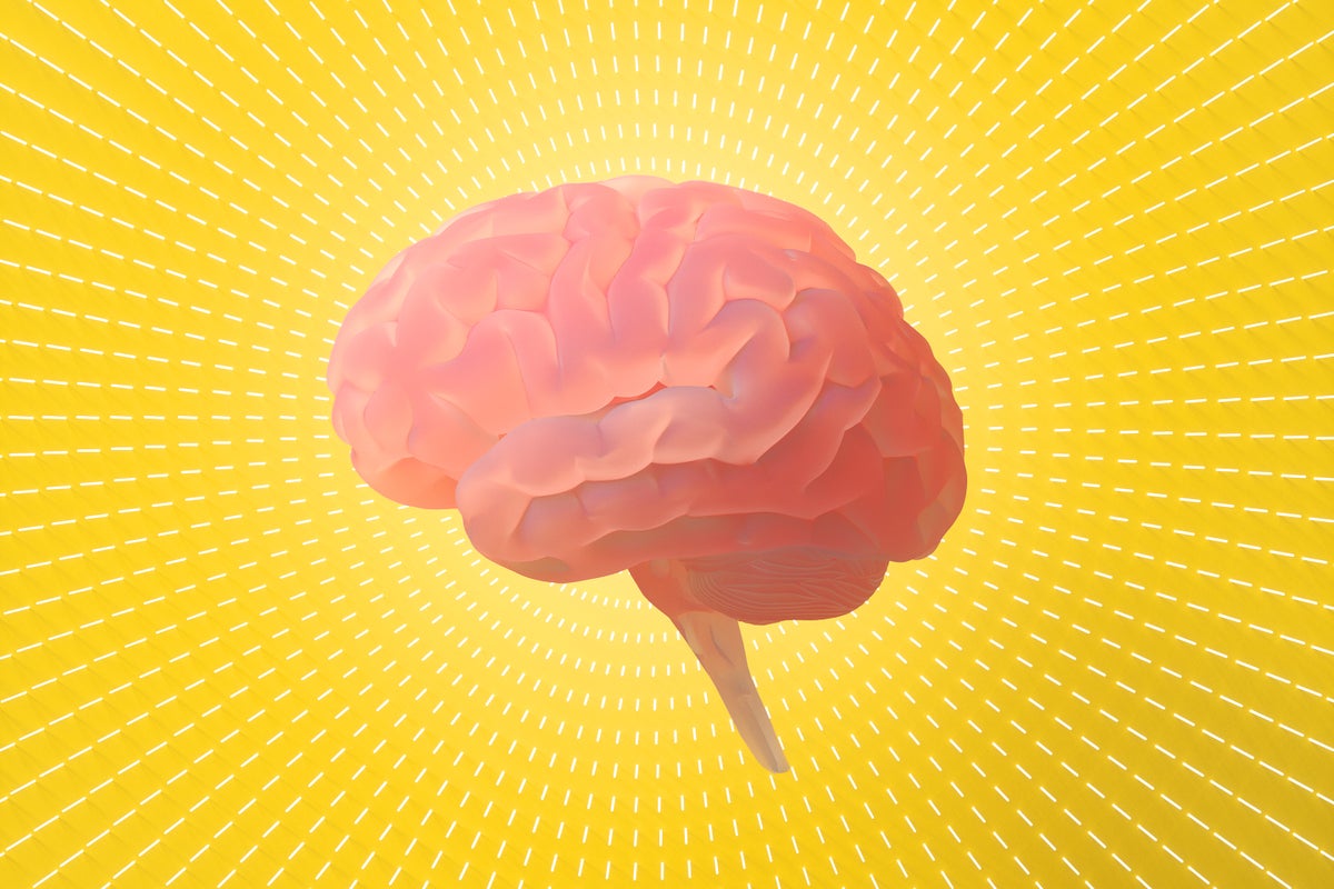 Digital illustration of a brain against yellow background with circular, radiating line pattern