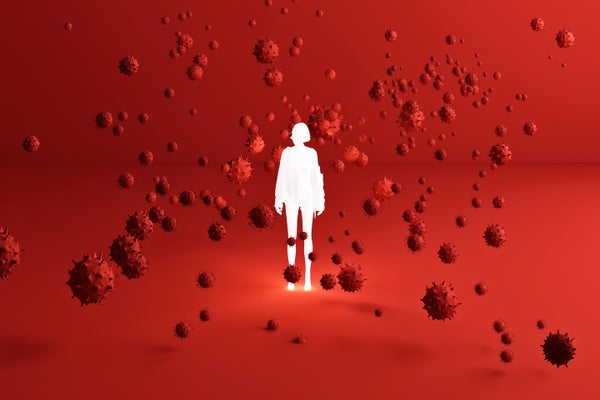 Une silhouette humaine blanche et lumineuse entourée de coronavirus rouges dans une grande pièce rouge