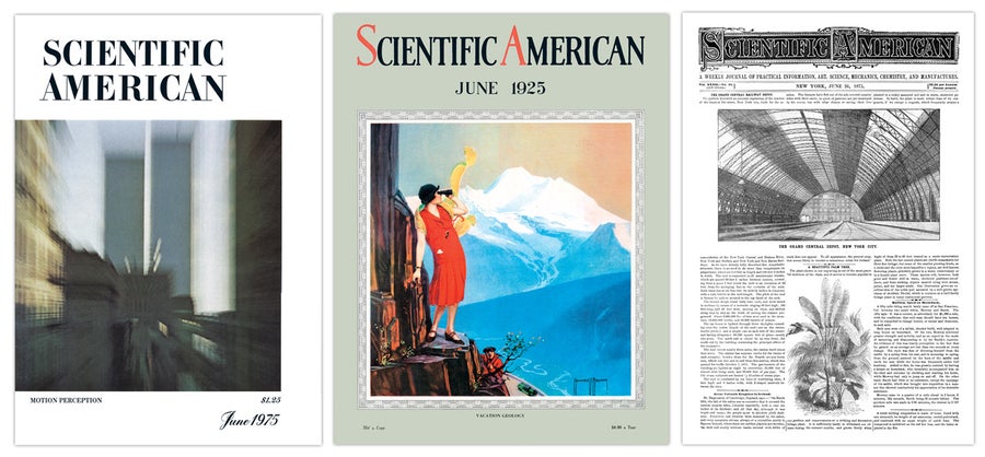 Covers of Scientific American from June 1975, 1925 and 1875.