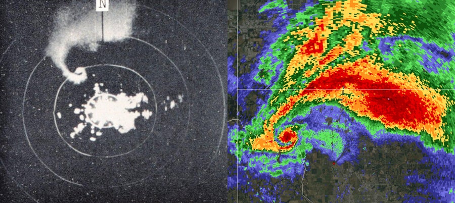 Two images side-by-side for comparison. On the left is an image from WSR-3 radar in Topeka of a supercell thunderstorm that produced an F4 tornado near Meriden, KS, in May 1960. On the right, an image from a modern Doppler weather radar near Oklahoma City detecting a supercell thunderstorm that produced an EF5 tornado in Moore, OK, in May 2013