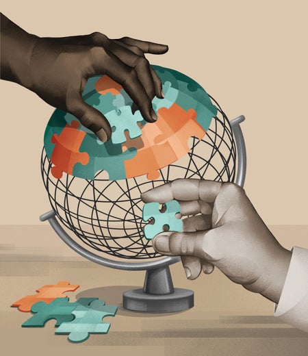 Illustration of a puzzle in the shape of a world globe, with two hands putting puzzle pieces on the globe