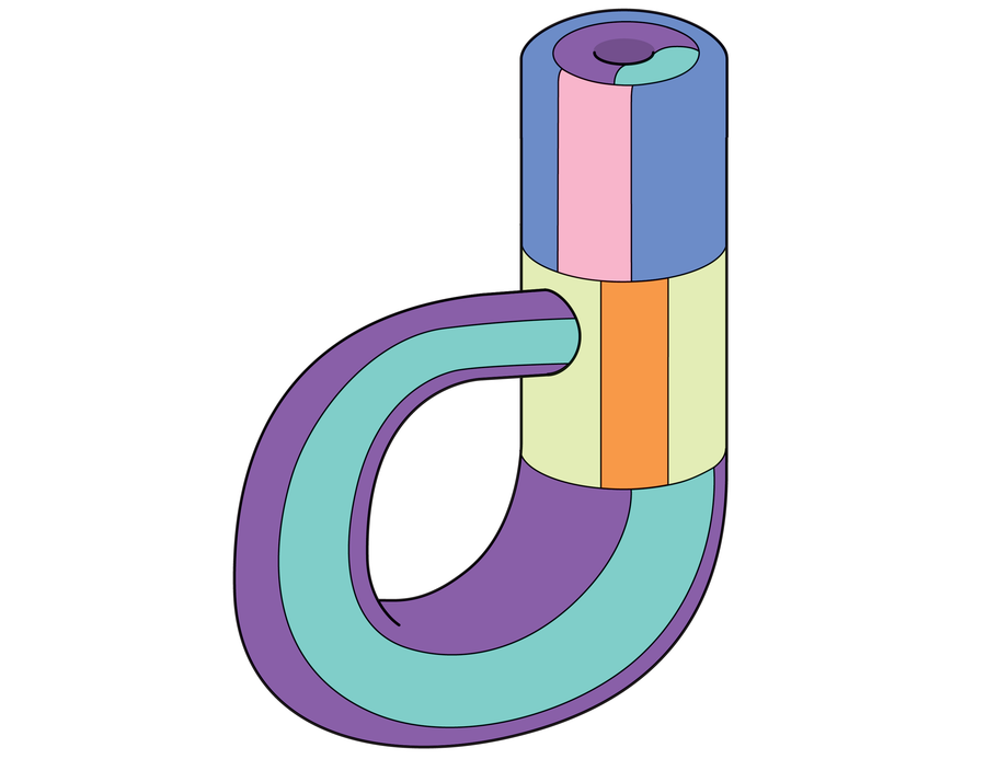 Graphic shows a Klein bottle with its surface divided into six areas of different colors.
