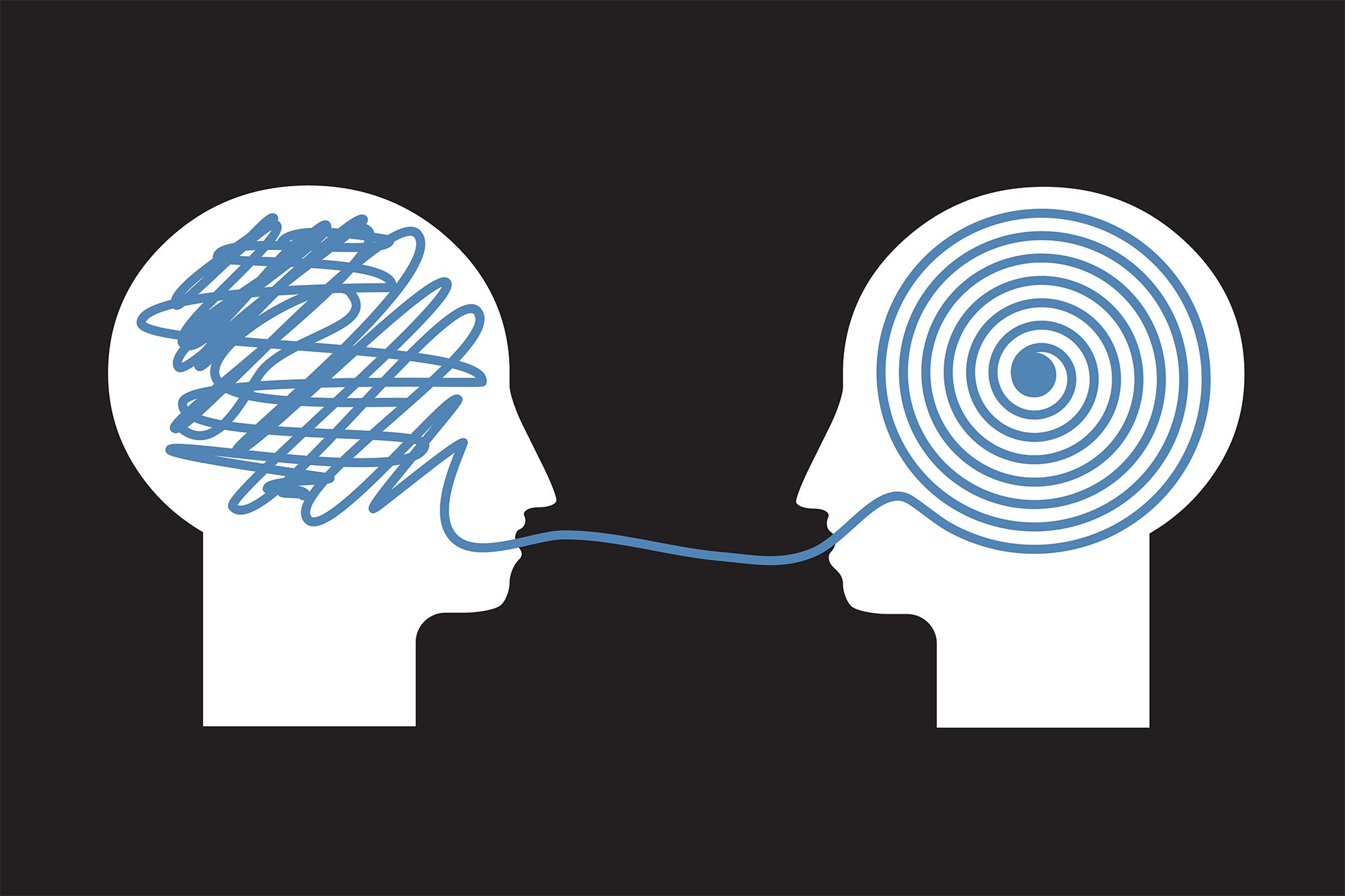 An illustration of decoding and problem-solving, represented by simple white silhouette of two human heads facing each other with line drawing of a scribble inside the head on the left which turns into an organized spiral inside the head on the right.