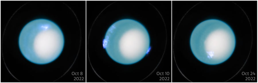 This visual shows three panels that each show Uranus and dynamic aurora activity. The images were captured in October 2022 on the 8th, 10, and 24th respectively.