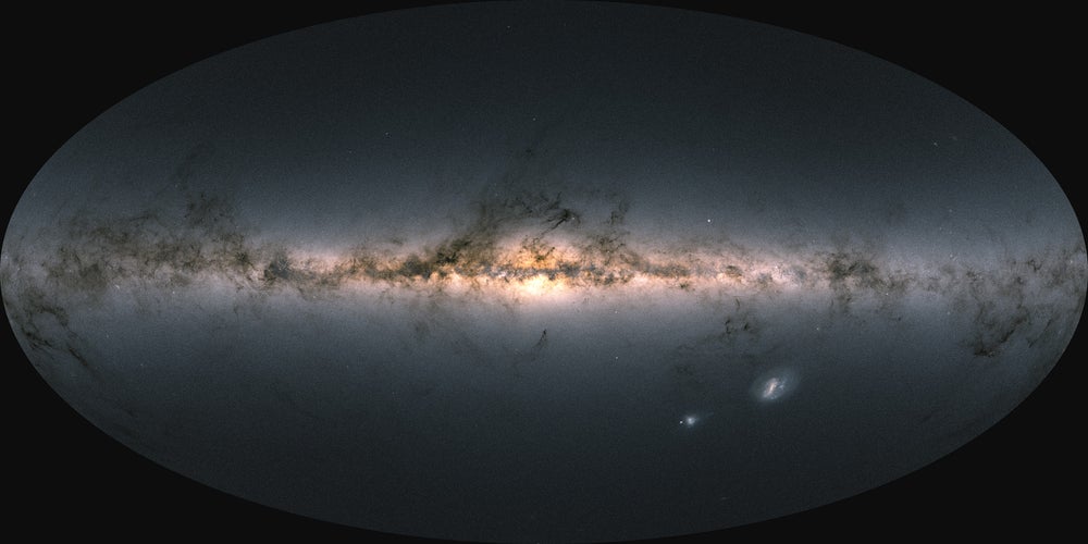 El disco de la Vía Láctea y el cielo circundante, como lo observó el satélite Gaia de la ESA