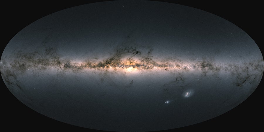 O disco da Via Láctea e o céu circundante, como observado pelo satélite Gaia da ESA