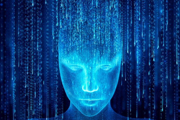 Blue illustration of a face with numbers, implying math and AI.