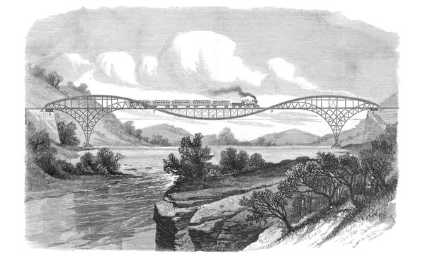 Train crossing river on bridge with two arches