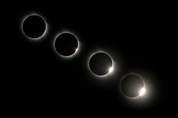 Solar eclipse in four stages (digital composite), low angle view