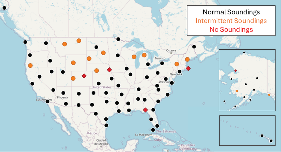 A map of the United States showing black, orange and red dots to represent where weather balloon launches have been curtailed and suspended. Many of the suspensions and cuts are in the north-central part of the Lower 48 states.