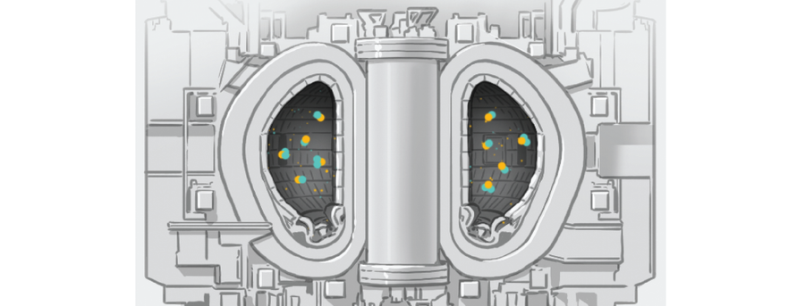 Corte ilustrado de um reator de fusão de tokamak em forma de massa tradicional. A voz central é preenchida com pequenos ícones de átomos.