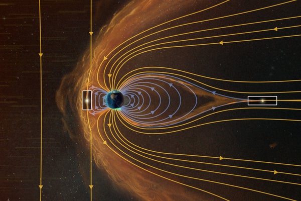 Illustration of Earth with magnetosphere lines drawn to represent conditions during a solar storm. A coronal mass ejection compresses Earth’s magnetosphere. The illustration is rendered in glowing orange, with green auroras visible on the dark side of Earth’s poles.