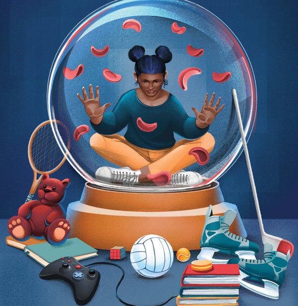 Illustration of a young black girl inside a snow globe-like structure, looking at toys on the ground.