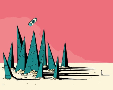 Illustration of a time capsule pill flying above spikes coming out of the ground
