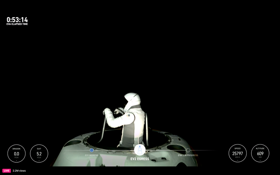 Screen grab of a livestream, showing Sarah Gillis standing partway out of a SpaceX Dragon spacecraft against a dark background during the world's first commercial spacewalk.