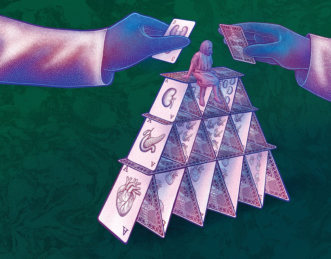 House of cards with a small figure in a hospital gown sitting on the top. Faces of cards include heart, kidney and pancreas illustrations.