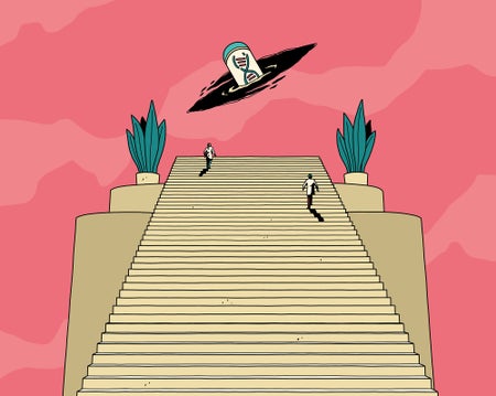 Illustration of a UFO flying toward a flight of stairs against a pink sky