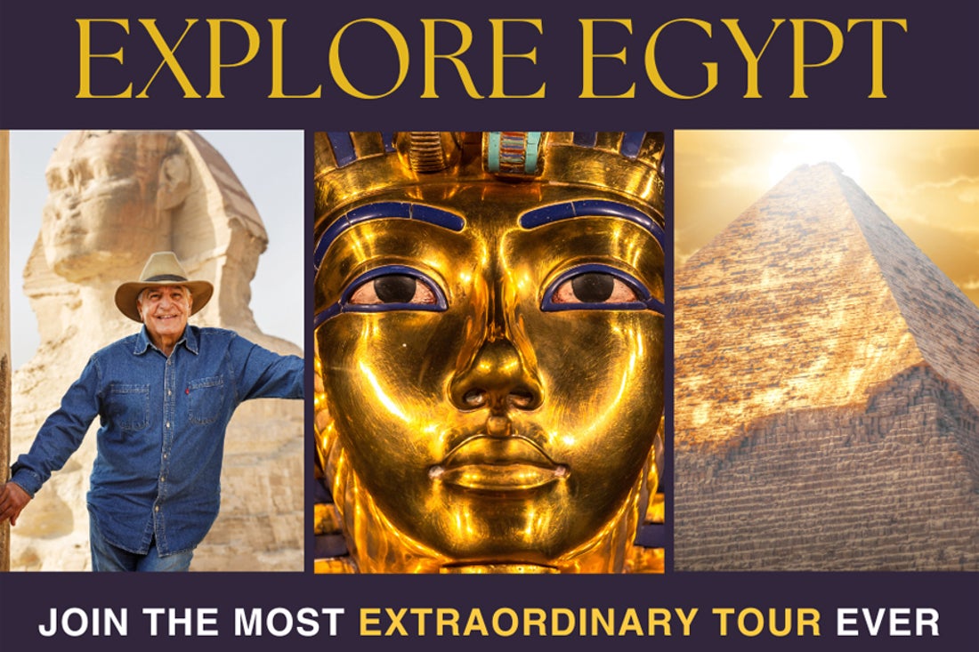 Explore Egypt flyer with photos of the pyramids and Sphinx
