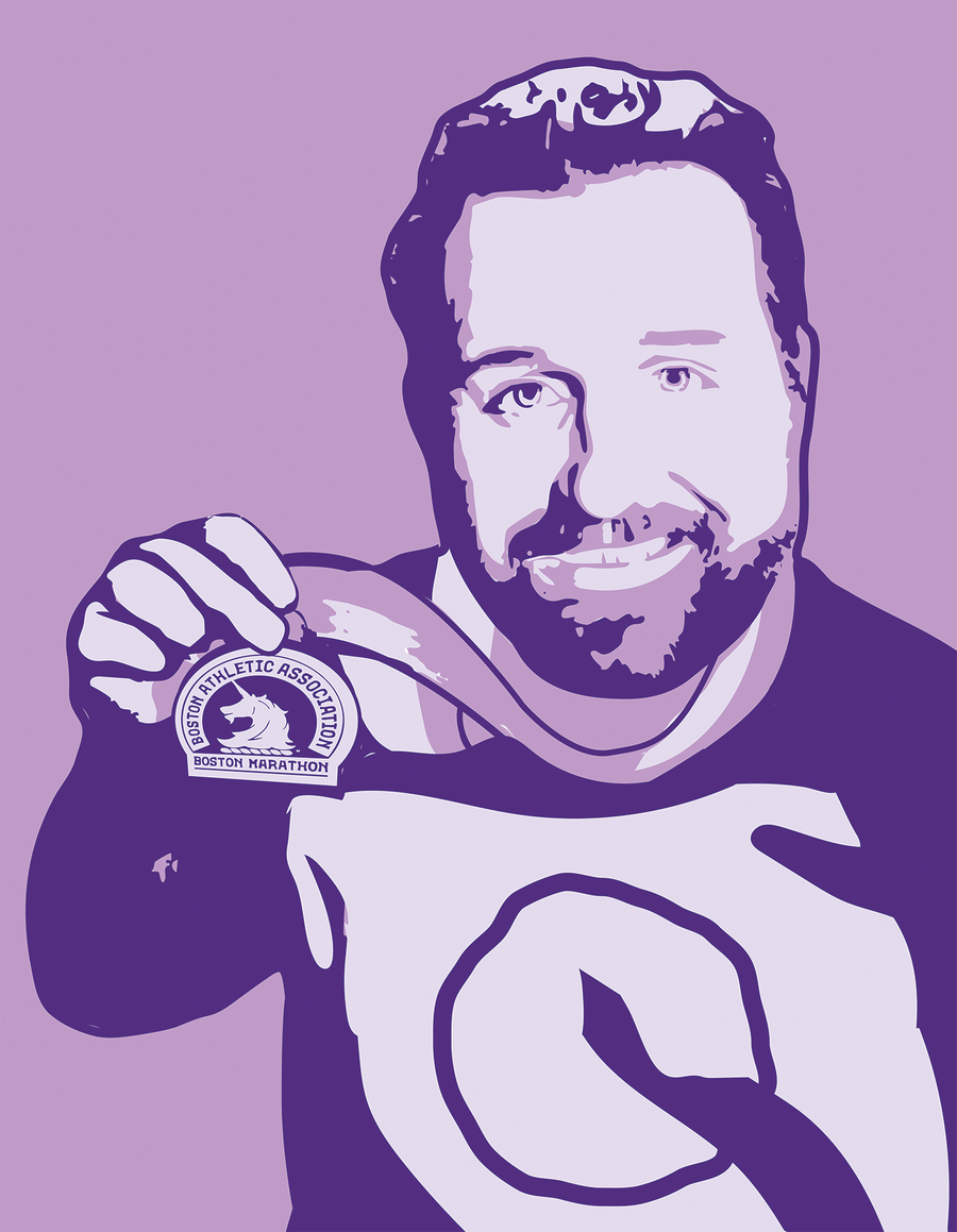 Andrew holding his Boston Marathon completion medal in a purple illustration