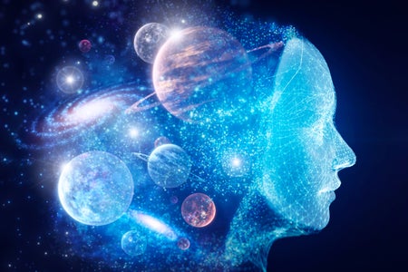 A head with swirling planets and particles around it