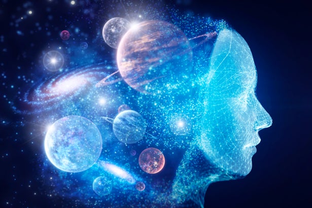 A head with swirling planets and particles around it