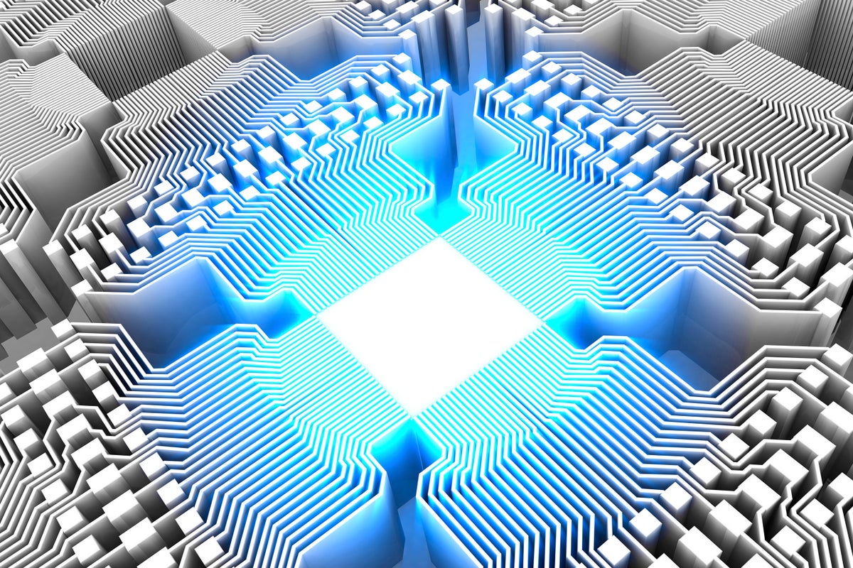 Artist's illustration concept of a quantum computer chip glowing with a blue light at the center