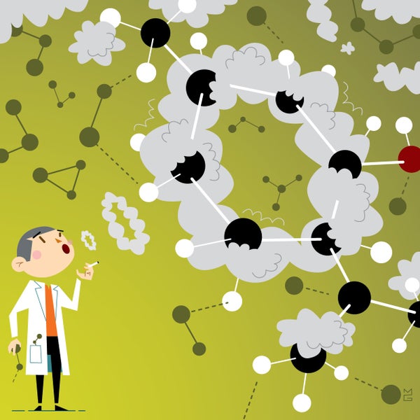 Illustration of a cartoon scientist looking up a cluster of molecules against a green background.