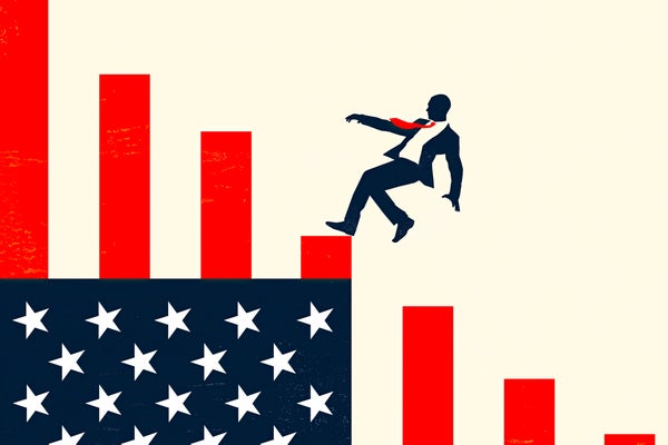 A man falling from a downward-sloping bar graph resembling the American flag
