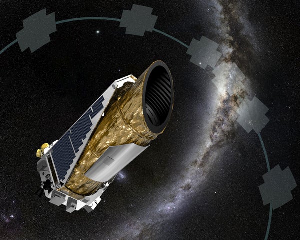 Illustration of the Kepler telescope in space. A light gray pattern of rectangular shapes in a circular path is overlaid on the background, meant to represent the areas of the sky the telescope observed during its K2 mission