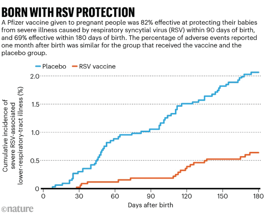 Line chart showing cumulative incidence of severe RSV-associated lower-respiratory-tract illness for babies up to 180 days after birth. A Pfizer vaccine given to pregnant people was 82% effective at protecting their babies from RSV within 90 days of birth, and 69% effective within 180 days of birth. The percentage of adverse events reported one month after birth was similar for the group that received the vaccine and the placebo group.
