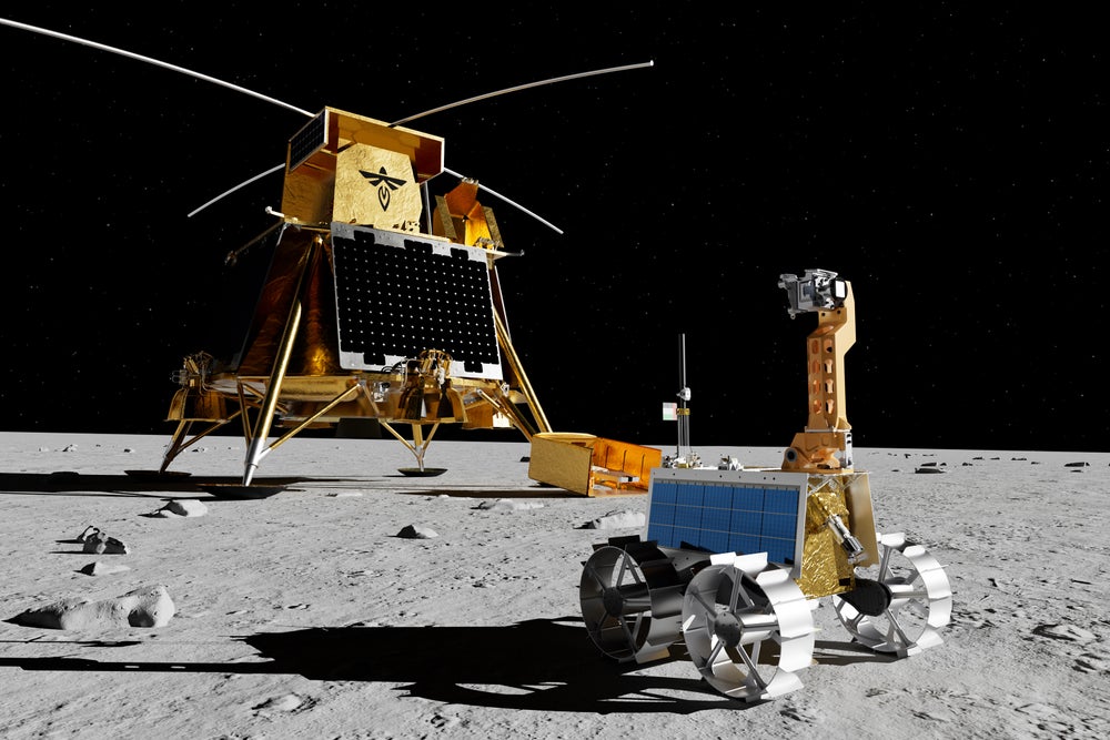 Rendering of Firefly's Blue Ghost lunar lander and UAE Mohammed Bin Rashid Space Centre's Rashid 2 Rover on the lunar surface.