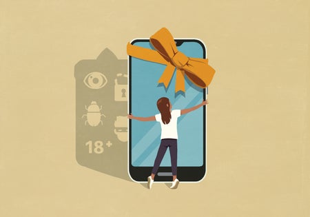 Illustration of a child hugging a giant smartphone with a bow