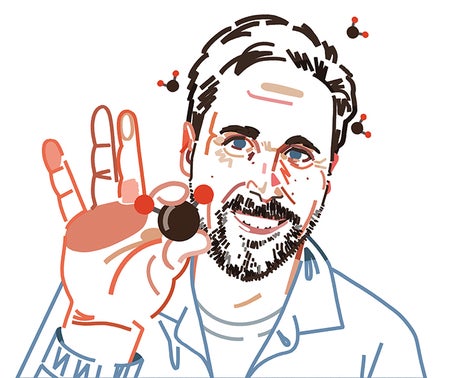 Illustration of a man holding a molecule in between his pointer finger and thumb