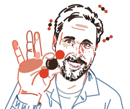 Illustration of a man holding a molecule in between his pointer finger and thumb