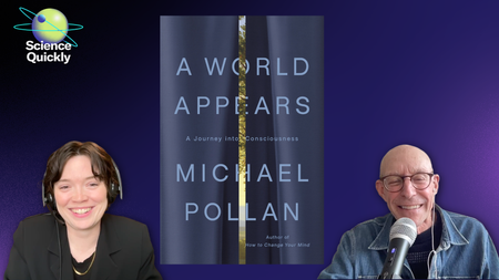 An illustration of a woman and a man with a purple background and book cover between them