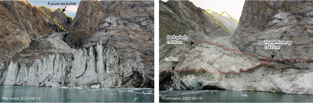 Antes y después del deslizamiento de tierra-tsunami.