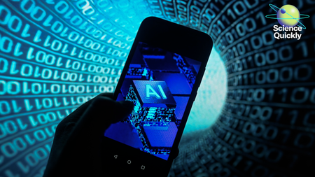 An illustration of an artificial intelligence logo displayed on a smartphone with binary code on the background.