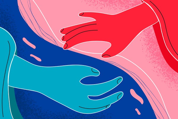 Illustration of a blue hand and red hand reaching towards each other