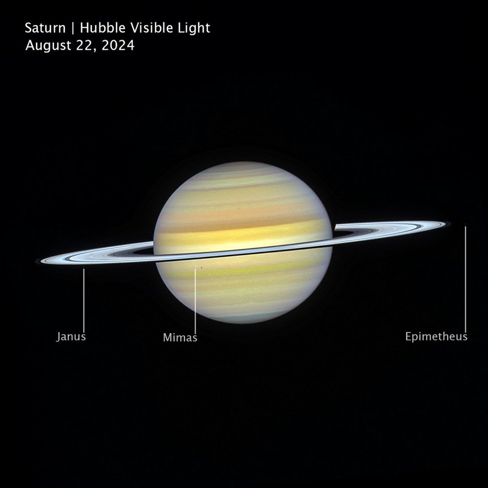 Una imagen de Saturno que muestra la atmósfera de bandas suaves y el brillante sistema de anillos del planeta.