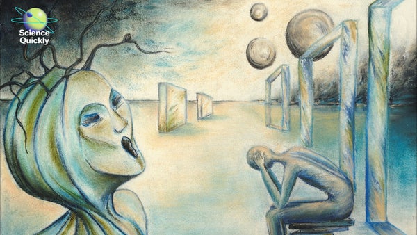 A painterly illustration showing a screaming figure at left who appears female but also part plant with roots growing out of her head and a seated male figure at right with head in hands amid a dark impressionistic scene with floating geometries.
