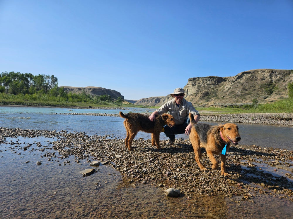 Hombre con dos perros.